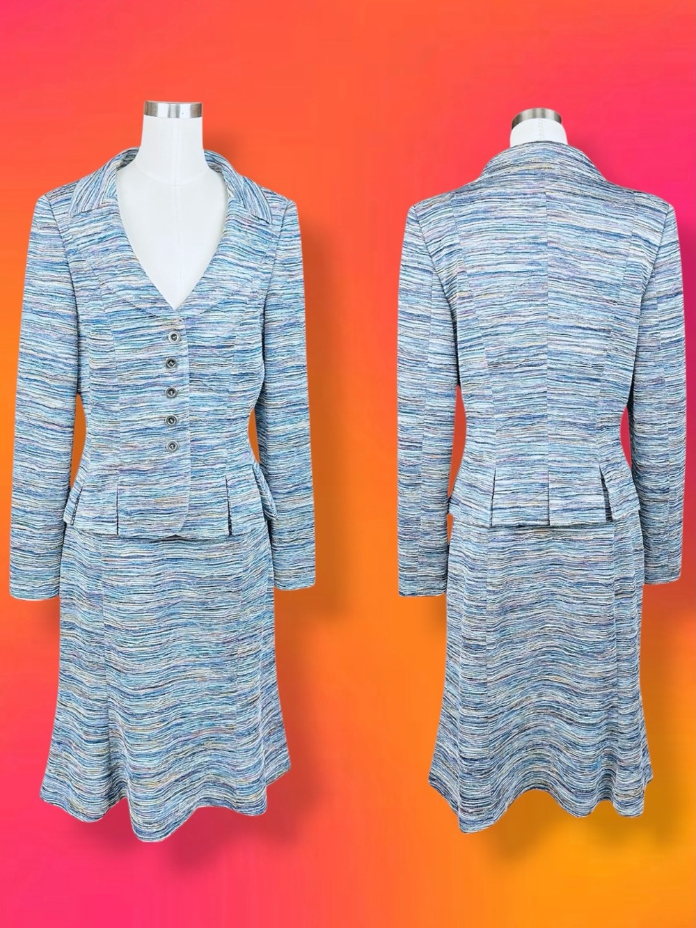 Isabel & Nina Muted Rainbow Textured Peplum Blazer A Line Skirt Preppy Suit Set
